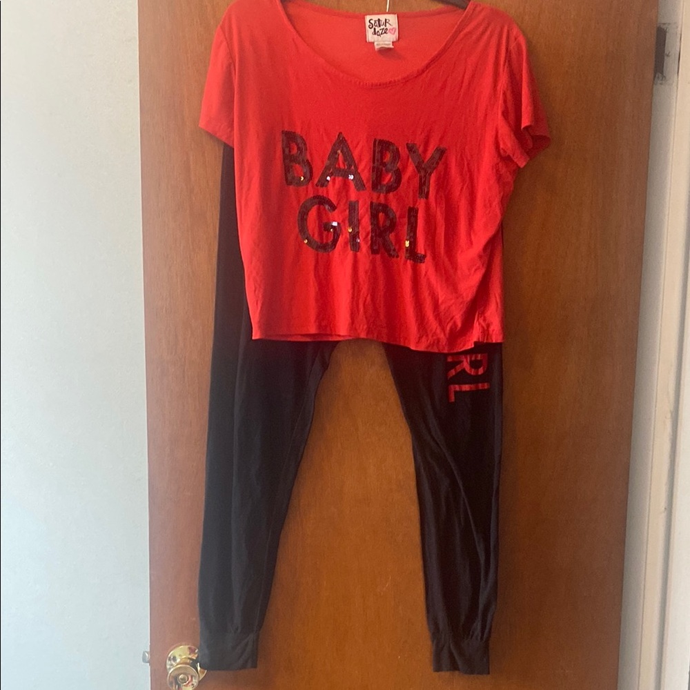 Saturdaze Pop Red 'Baby Girl' Top and Black Pajama Leggings Set for Juniors